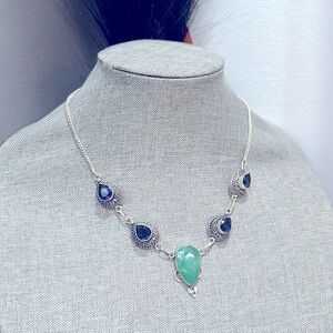 Vintage Sterling Silver 925 Sapphire Slovakian Crystal Aventurine Necklace